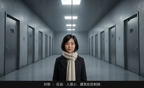 对称 · 压迫：人很小，建筑在控制她
