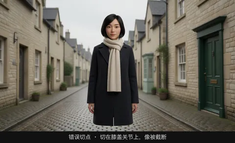 错误切点 · 切在膝盖关节上，像被截断