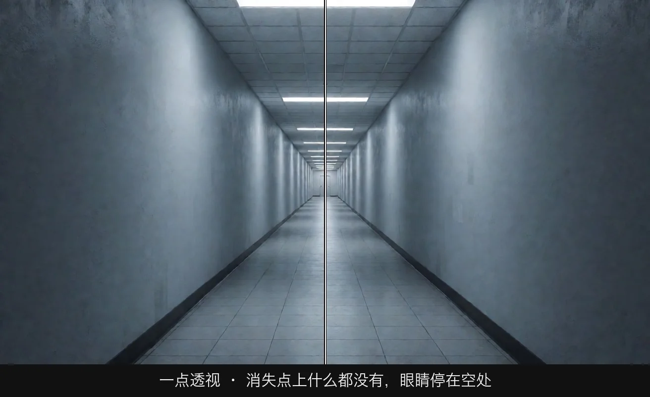 一点透视 · 消失点上什么都没有，眼睛停在空处