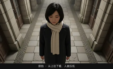 俯拍 · 从上往下看，人被压低