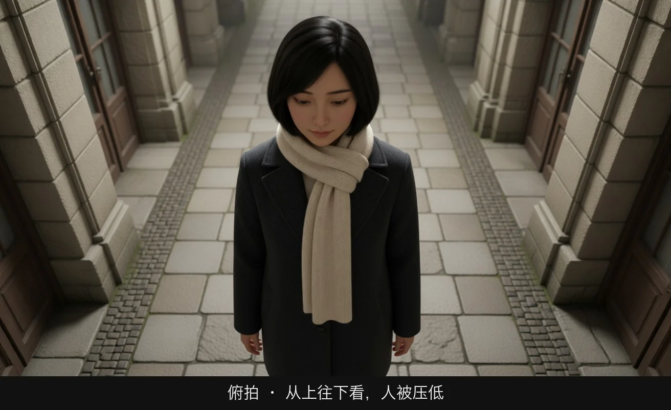 俯拍 · 从上往下看，人被压低