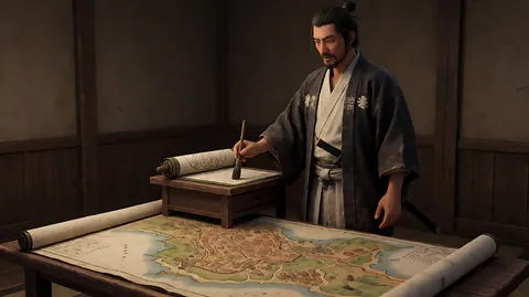 《七武士》村庄地图 · 片中首领对着一张村庄地图讲解地形、入口与防线