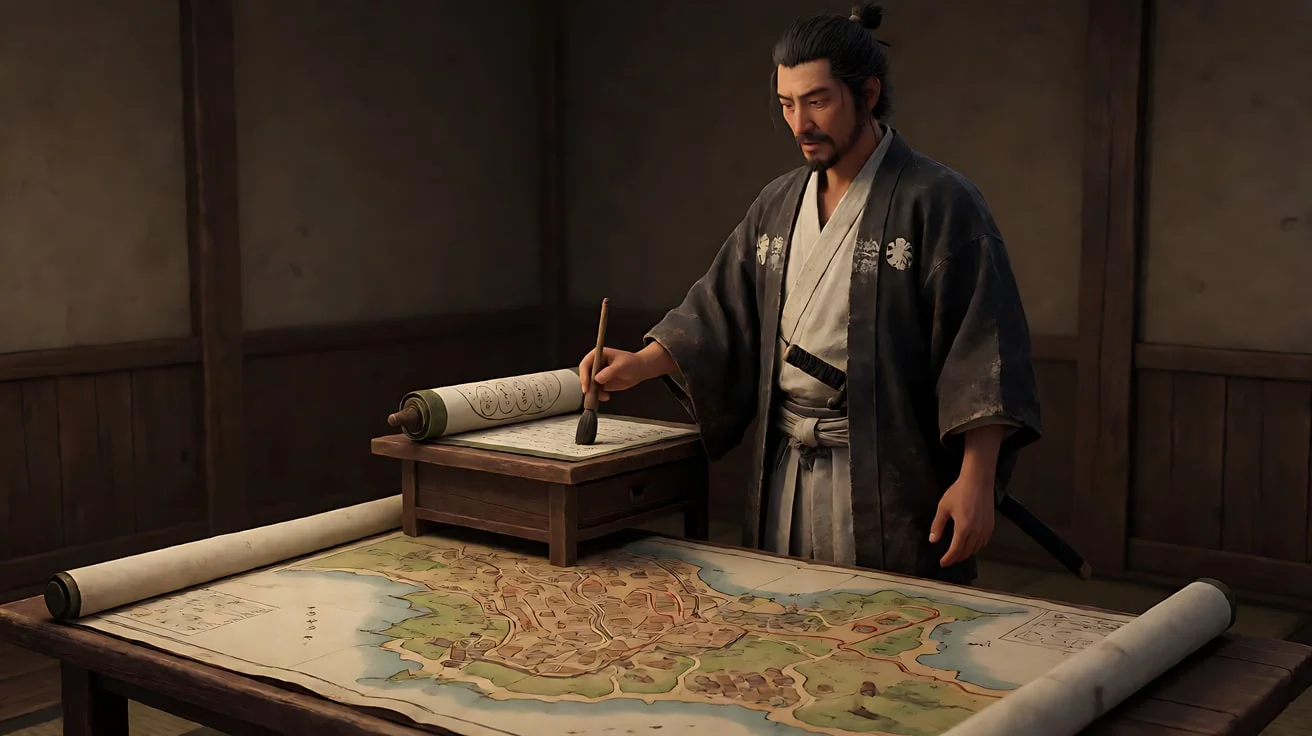 《七武士》村庄地图 · 片中首领对着一张村庄地图讲解地形、入口与防线
