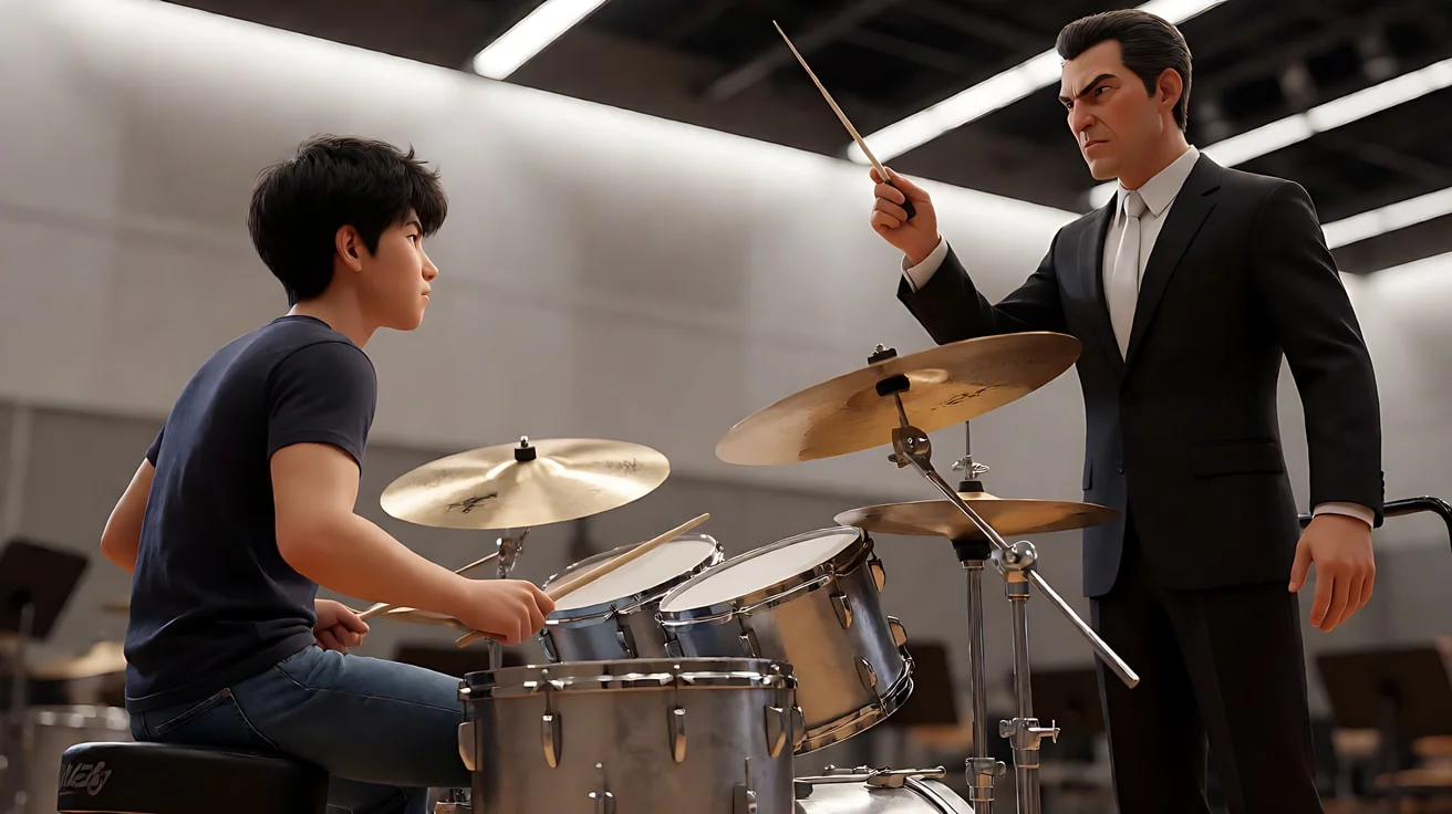 《爆裂鼓手》 · 大量快速甩镜在鼓手、鼓、指挥之间来回切换，甩