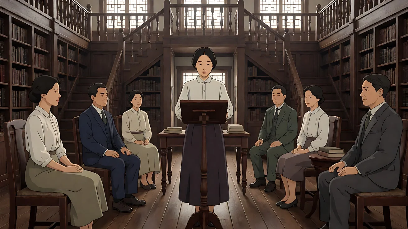 《小姐》书房朗读会 · 书房被设计为高度对称的空间，书架、楼梯与地面