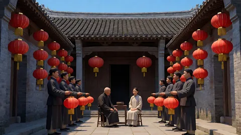 《大红灯笼高高挂》点灯 · 大量正面、对称的院落构图，建筑的中轴线居中，