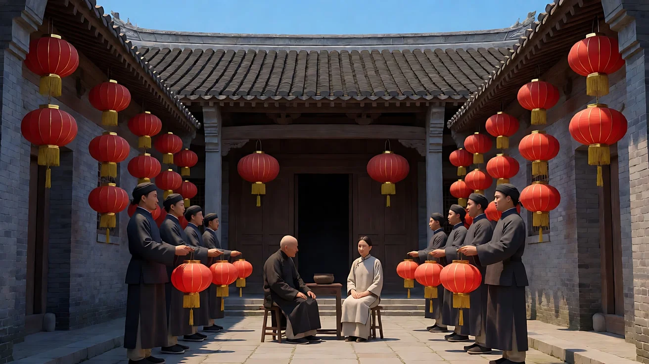 《大红灯笼高高挂》点灯 · 大量正面、对称的院落构图，建筑的中轴线居中，