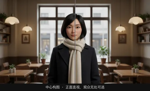 中心构图 · 正面直视，观众无处可逃