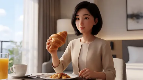 《风月俏佳人》早餐里的可颂 · 这场戏中她手里拿着一个可颂，切到下一个镜头时