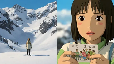 《情书》 · 雪山一场以大远景为主，人物在一片白色中很小，