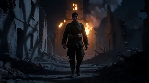 《1917》照明弹下的废墟小镇 · 小镇几乎没有其他光源，主光来自天空中缓慢坠落