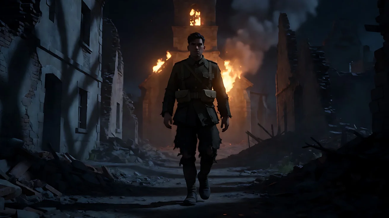 《1917》照明弹下的废墟小镇 · 小镇几乎没有其他光源，主光来自天空中缓慢坠落