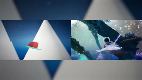 官方案例关键帧，媒体00:17。左侧几何结构与右侧水下幻想场景的官方并排展示。