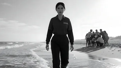《罗马》海滩 · 黑白画面，摄影机沿着海岸线与她平行横移，持续