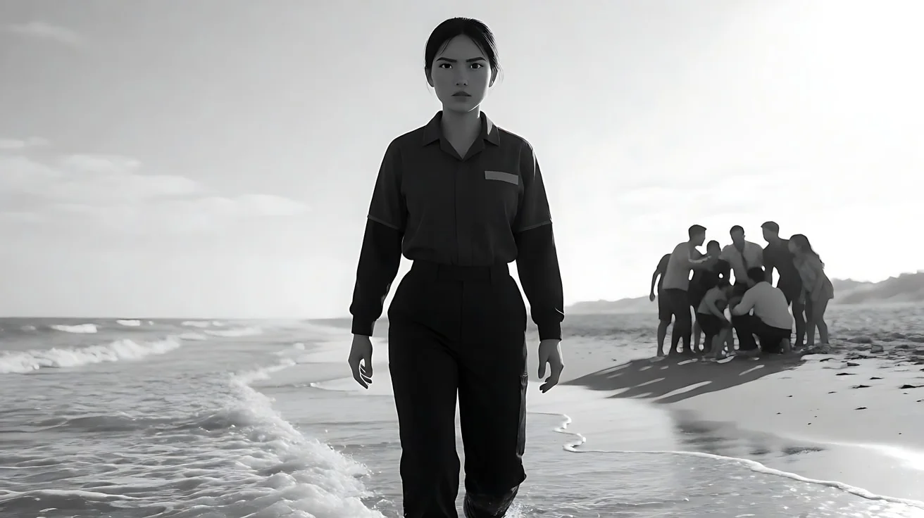 《罗马》海滩 · 黑白画面，摄影机沿着海岸线与她平行横移，持续