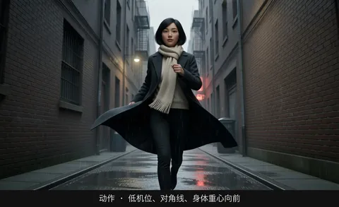 动作 · 低机位、对角线、身体重心向前