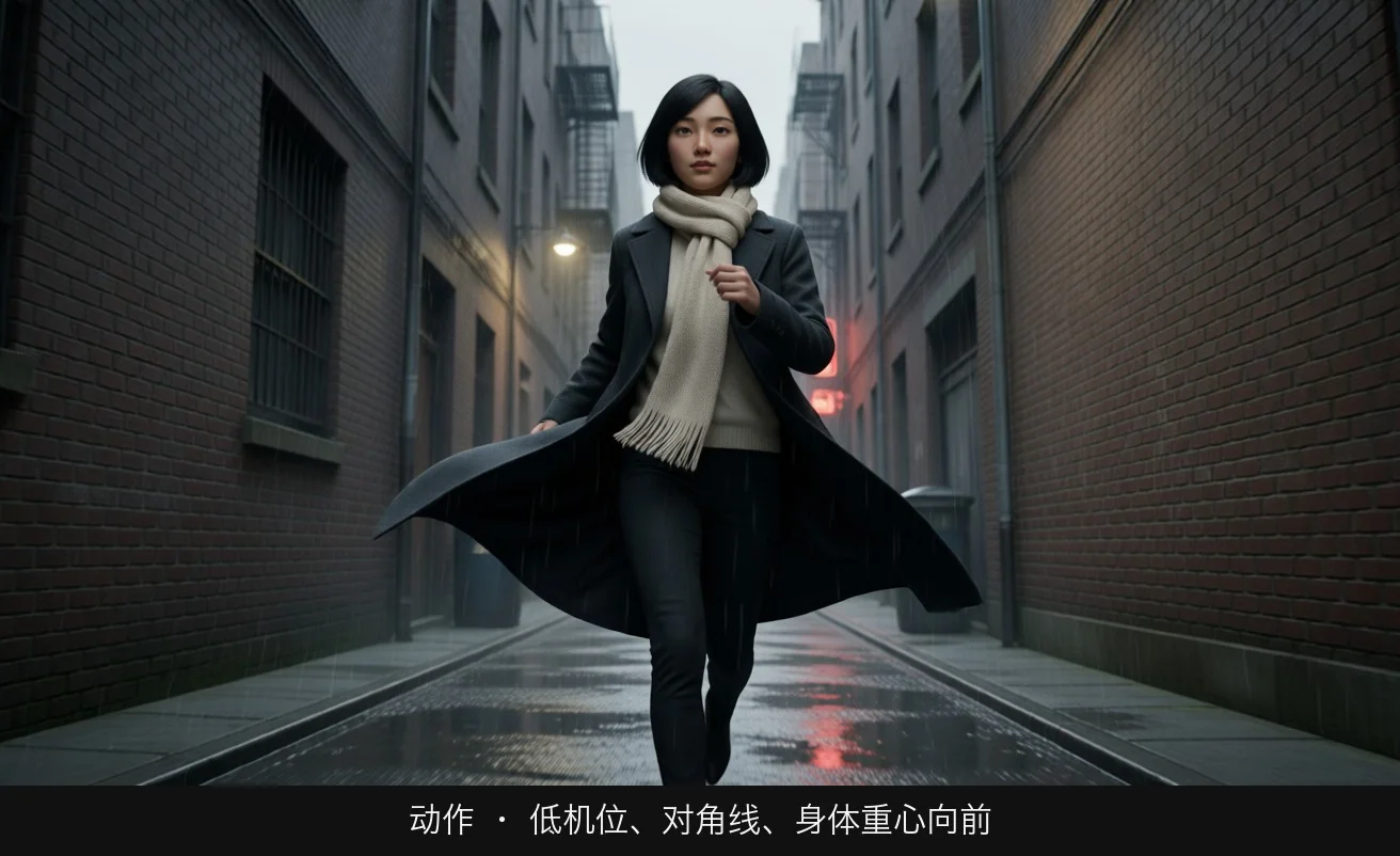 动作 · 低机位、对角线、身体重心向前