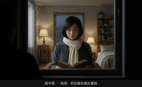 框中框 · 窥视：机位躲在暗处看她