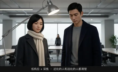 低机位 + 深焦 · 近处的人和远处的人都清楚