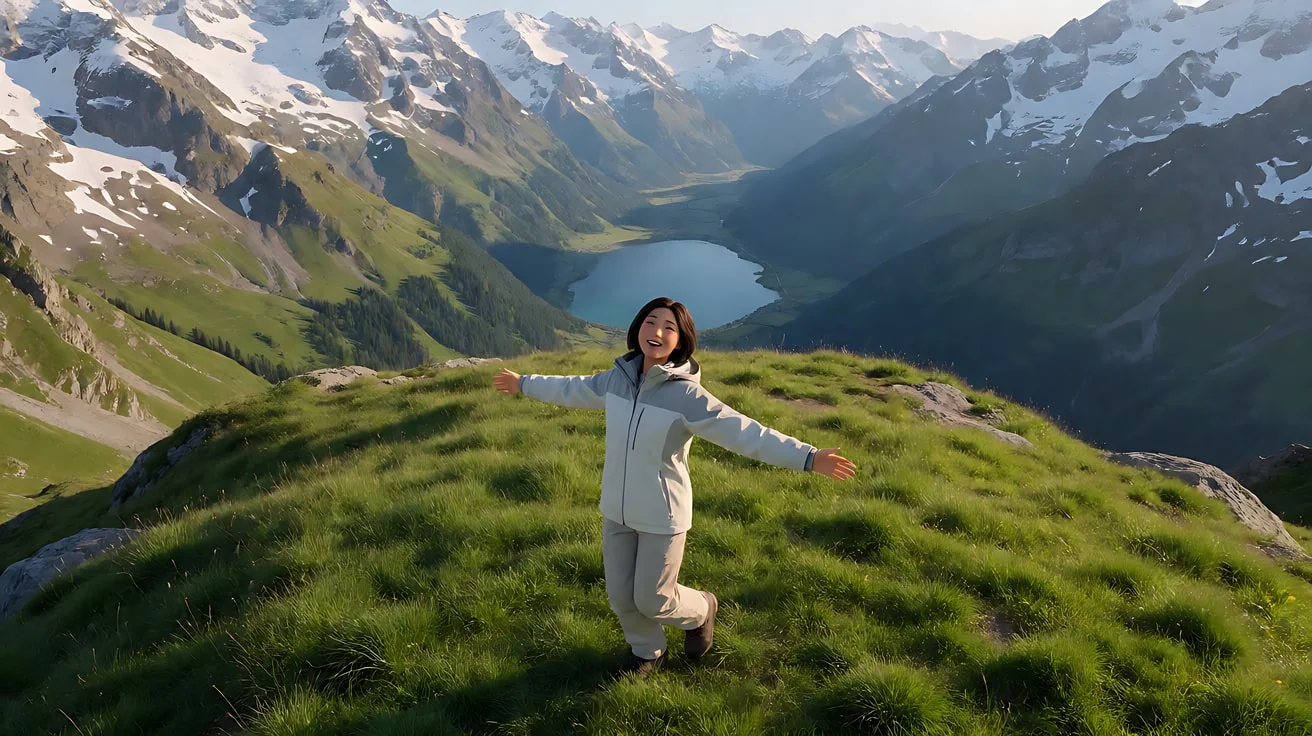 《音乐之声》开场 · 航拍从高空掠过雪山、湖泊和山谷，逐渐降低高度