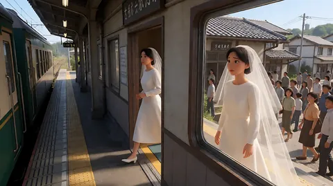 《西部往事》吉尔抵达小镇 · 镜头跟着她走进车站，透过窗户看她询问，然后她
