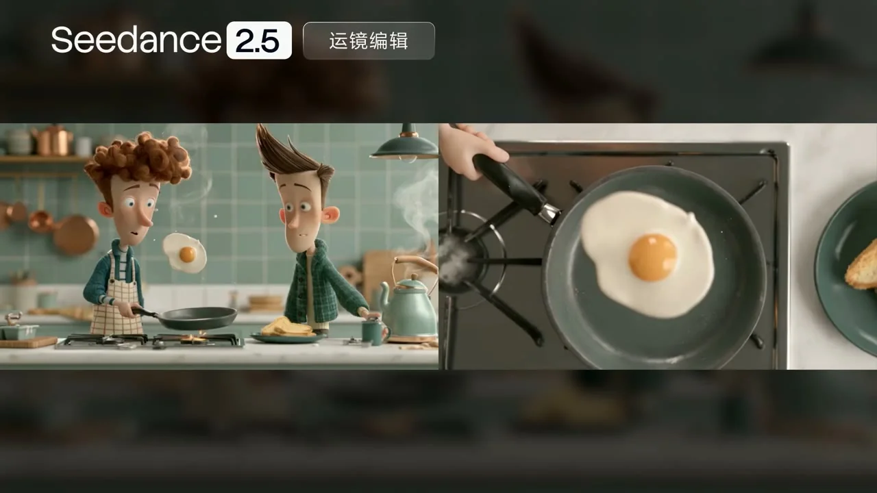 早餐抛接鸡蛋动作的不同机位并排展示