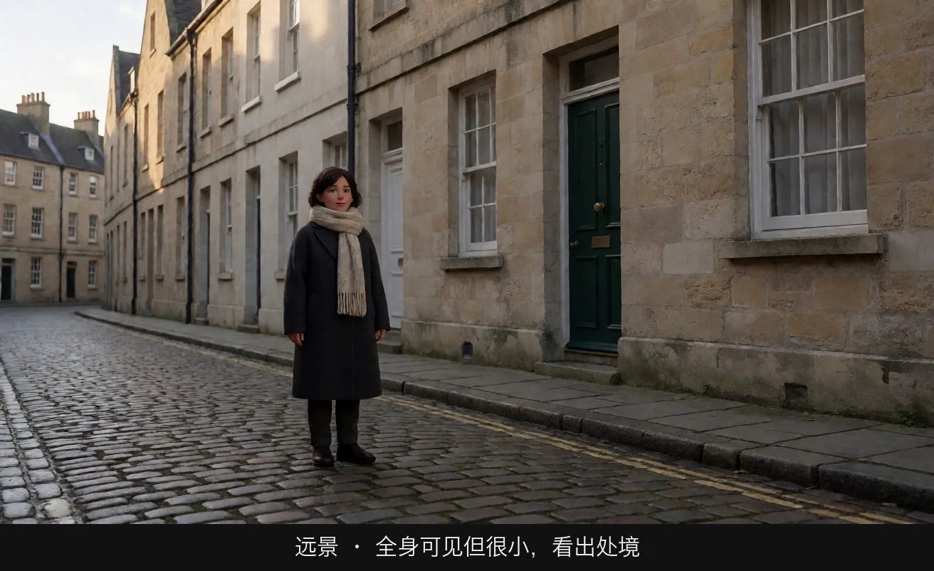 远景 · 全身可见但很小，看出处境