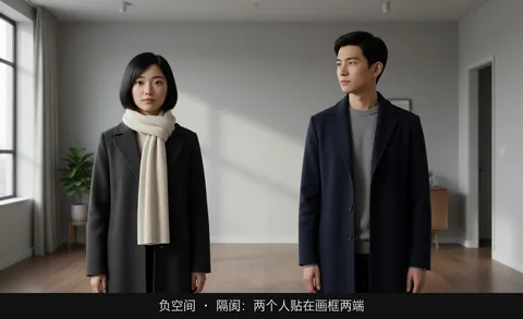 负空间 · 隔阂：两个人贴在画框两端