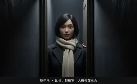 框中框 · 困住：框很窄，人被关在里面