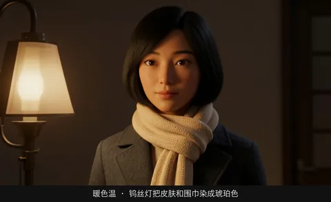 暖色温 · 钨丝灯把皮肤和围巾染成琥珀色