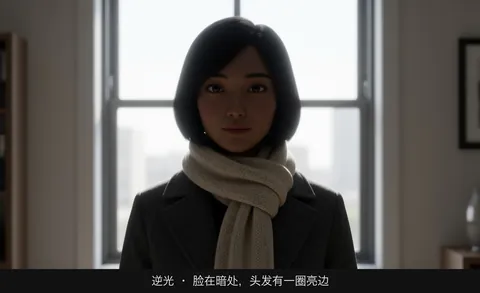 逆光 · 脸在暗处，头发有一圈亮边