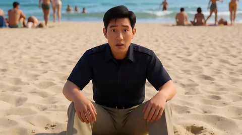 《大白鲨》海滩 · 在他意识到发生了什么的瞬间，镜头对着他的脸做