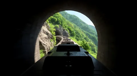 《恋恋风尘》开场 · 镜头从火车车头向前看，画面在隧道里漆黑一片，