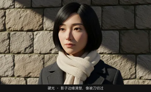 硬光 · 影子边缘清楚，像被刀切过