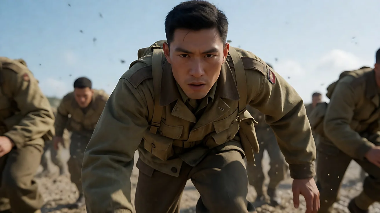 《拯救大兵瑞恩》奥马哈海滩 · 大量手持镜头紧贴士兵的高度和视线，镜头随冲锋